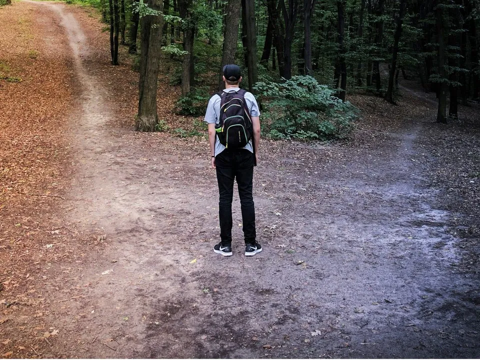 man standing at a forked path in the woods
